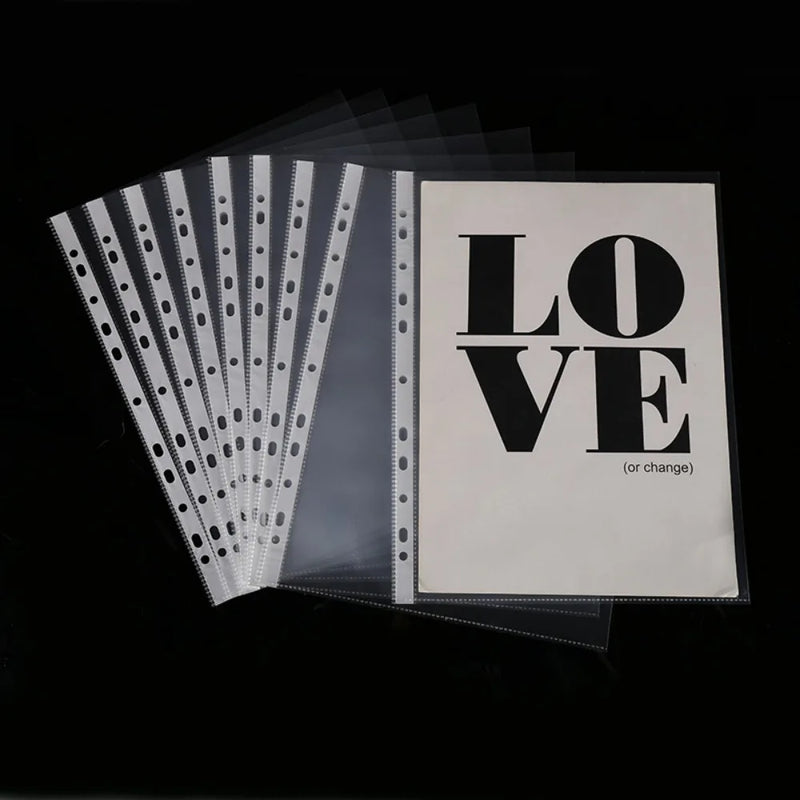 100pcs 11 Holes Transparent Plastic Punched File Folders A4 Document Sleeves Protector Office Supplies