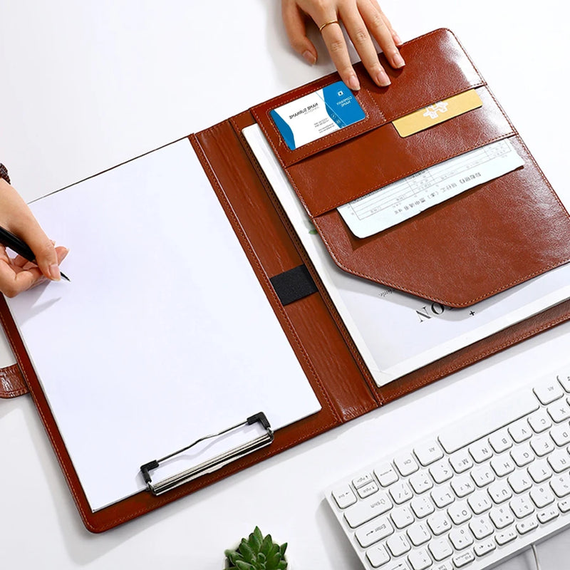 1Pc Texture PU Leather Multi-Functional Folder A4 Clip Pen Holder Card Slots - Business Office Meeting Organizer for Bank/Sales