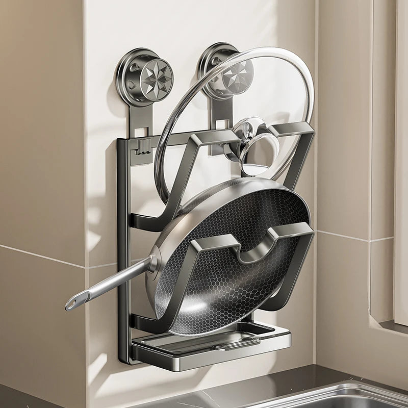Suction cup pot cover holder, no drilling, multi-layer storage rack, wall-mounted kitchen shelf, multifunctional chopping board