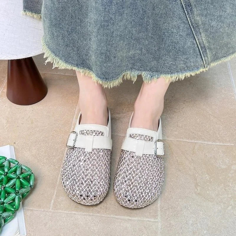 2026 New Comfortable Rhinestone Flat Mules Slip-On Breathable Non-Slip Soft Sole Cushioned Arch Support Daily Wear Women