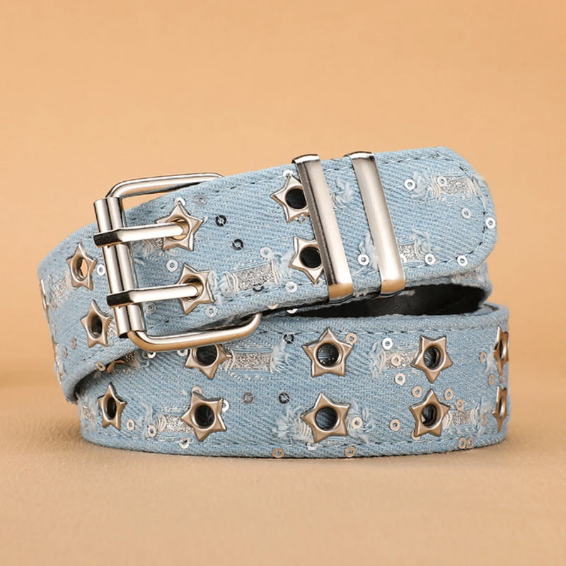 New Fashion Luxury Belt Black Punk Accessories Blue Denim Girdle HipHop Y2k Star Hollowed Pin Buckle Waistband，For Men Women