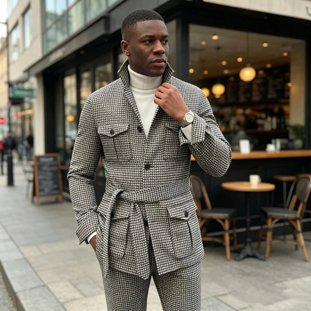 Plaid Single Breasted Safari Men Suit with Belt Set Separates 2 Pieces Custom Made Casual Wedding Daily Party (Blazer + Pants)