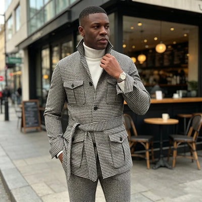 Plaid Single Breasted Safari Men Suit with Belt Set | SAMAG