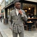 Plaid Single Breasted Safari Men Suit with Belt Set Separates 2 Pieces Custom Made Casual Wedding Daily Party (Blazer + Pants)