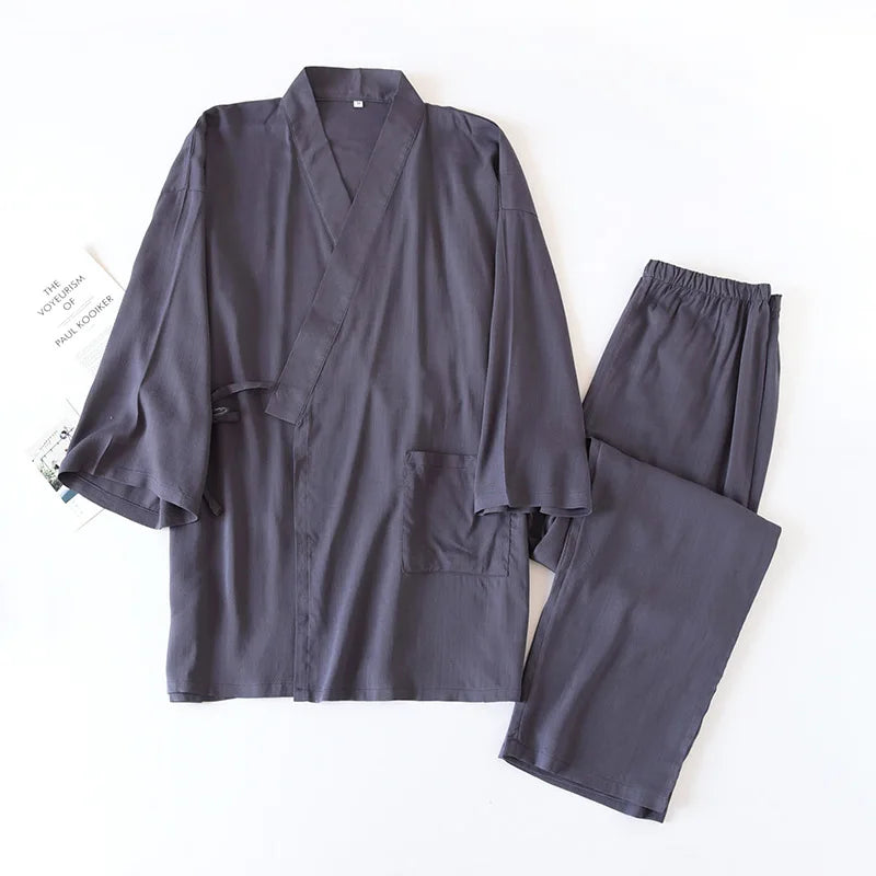 2026 Men's Japanese Kimono Robes Sets Cotton Linen Pajamas Two-piece Set Couple Loose Bathrobes Sweat Steaming Home Service Suit