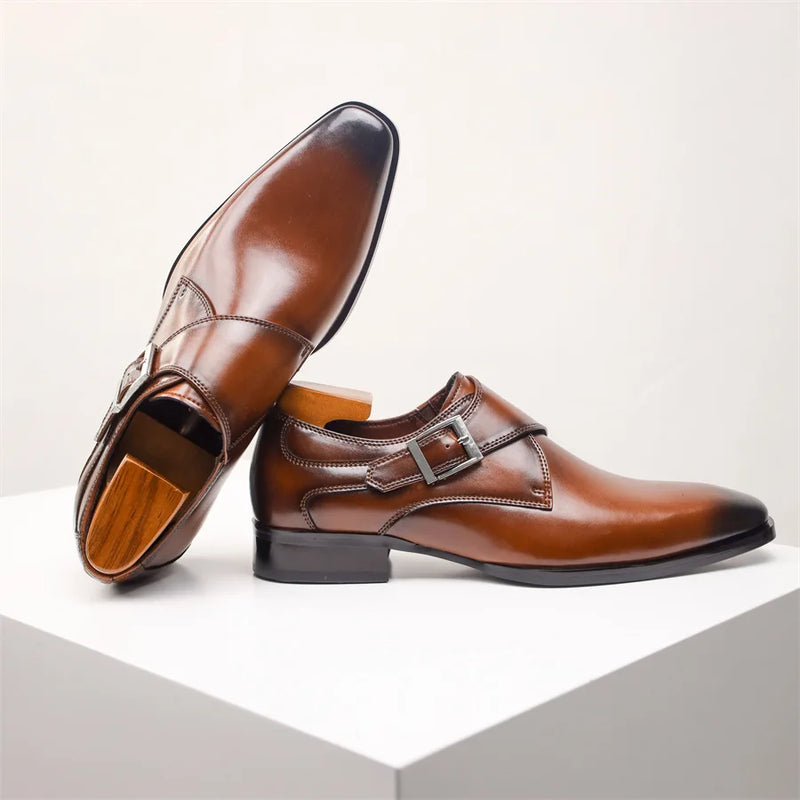 Classic Retro Dress Men Monk Leather Shoes with Pointed Toe Buckle Business Shoes Office Wedding Comfortable Men Oxfords Shoes