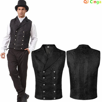 Men's Black Suit Vest; Jacquard Fabric, Double-breasted | SAMAG