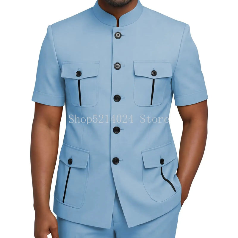 Mens Safari Suit 2 Piece Short Sleeve Suits for Men Regular Fit Stand Collar Suit African Clothes