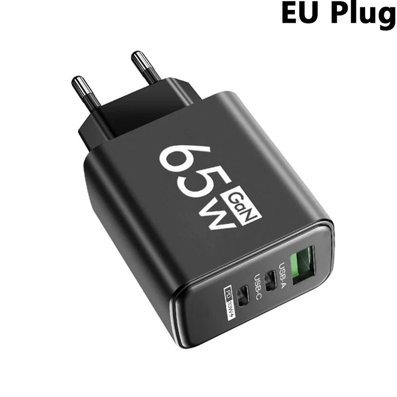 65W 3 Ports GaN USB PD Charger Fast Charging Type C Mobile Phone Adapter Quick Charger 3.0 For iPhone 15 Samsung Xiaomi Huawei