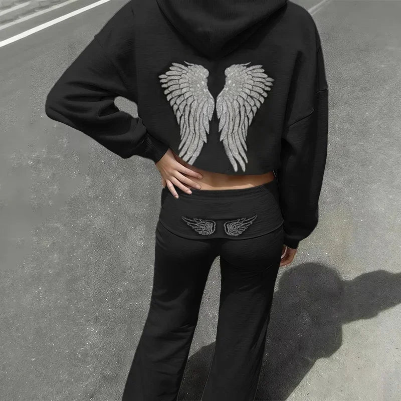 Spring Autumn Women's Hoodie Trousers 2piece Set Solid Vintage Shiny Wing Print Long Sleeve Zip Up Casual Sweatshirt Streetwear