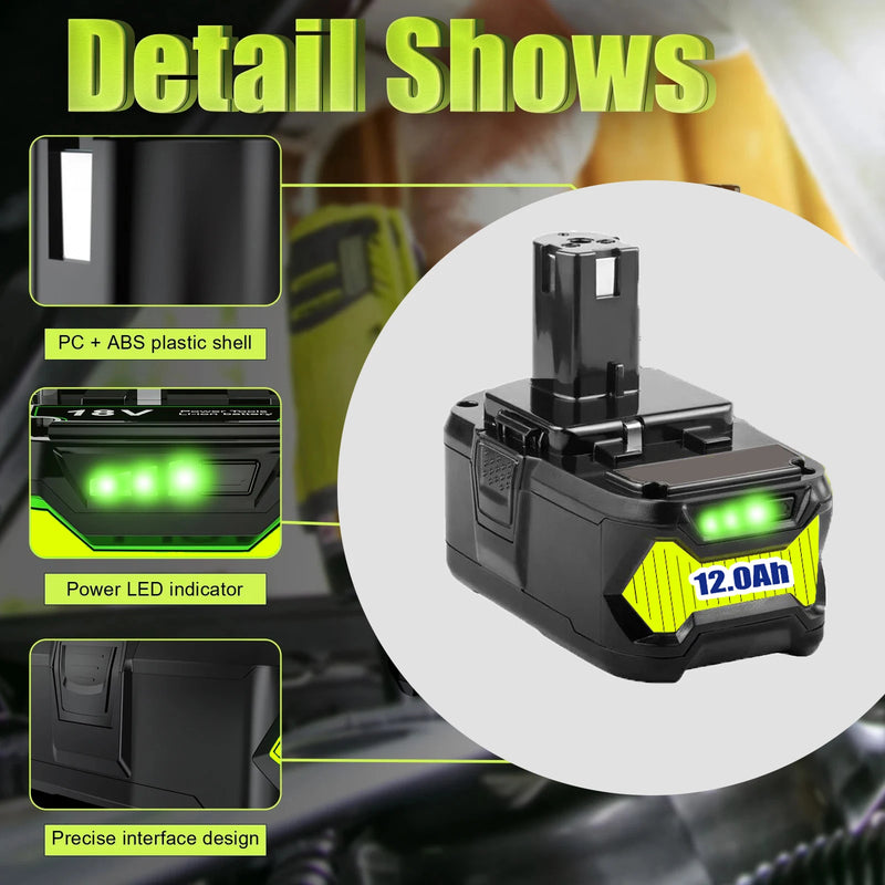 12Ah For RYOBI 18V Battery P108 18V One+ Plus Battery 18 Volt Lithium-Ion Power Tools P104 P107 RB18L50 RB18L20 P108