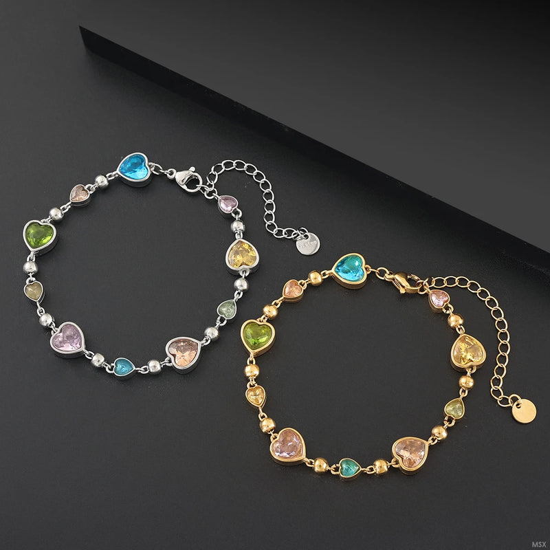 JOVO LOVE Colorful Lover Album Heart Crystal Bracelet for Women Stainless Steel Exquisite Metal Chain Bangles Popularity Jewelry