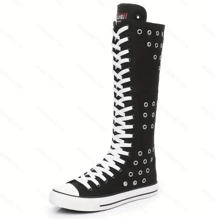 Boots Women Sneakers Canvas Casual High Top Shoes Long Boot Lace-Up Zipper Comfortable Flat Boot Sneakers Tenis Feminino