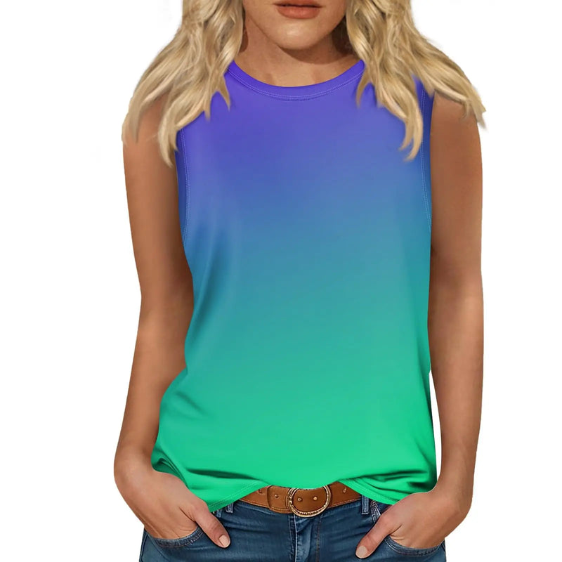 New Gradient Color 3D Print Tank Tops Women O-Neck Casual Vest Off Shoulder Y2k Sleeveless Top Harajuku Camisole Woman Clothing