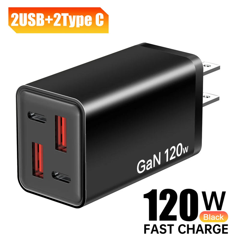 4 Ports 120W USB C Charger Fast Charging EU/US/UK Plug Wall Charger Adapter For iPhone Samsung Xiaomi Huawei Phone Power Charger