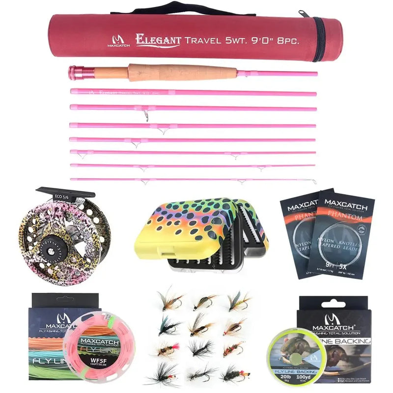 Maxcatch Elegant Fly Fishing Rod Combo 6'6"/9' 2/5WT Fly Rod Reel Line Flies Lures Kit Storage Box Travel Fishing Set Trout Bass