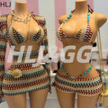 HLJ Y2K Fashion Coffee Striped Bikini Set Women Beaded | SAMAG