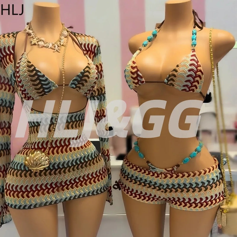 HLJ Y2K Fashion Coffee Striped Bikini Set Women Beaded | SAMAG