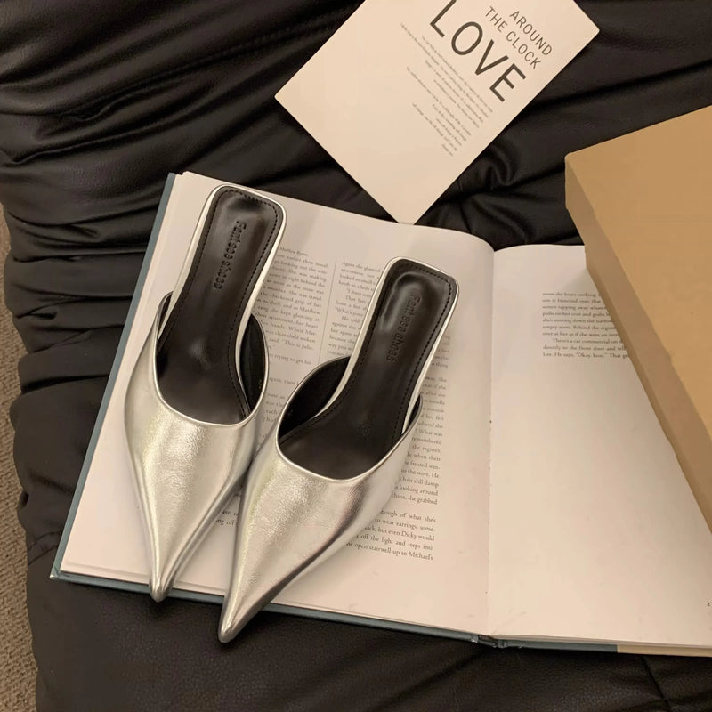 2024 Spring Pointed Toe Women Mules Slipper Fashion Candy Color Ladies Elegant Dress Sandal Square Low Heel Slip on Slides Shoes