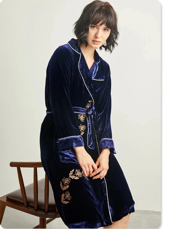 19 Momme Heavyweight Silk Long Robe for Women 100% Mulberry Silk Velvet Long Sleeve Bathrobe Thickened Warm Kimono for Winter PJ