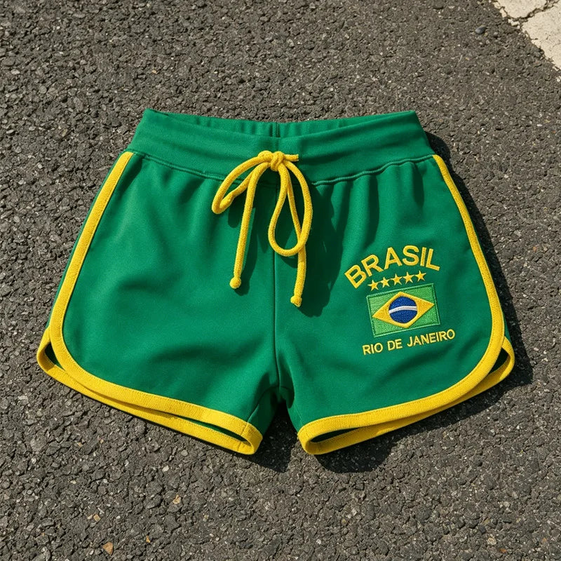 Summer Brasil Flag Print Contrast Piping Drawstring Waist Dolphin Shorts Daily Streetwear Slim Y2K  Trendy New Women's Shorts