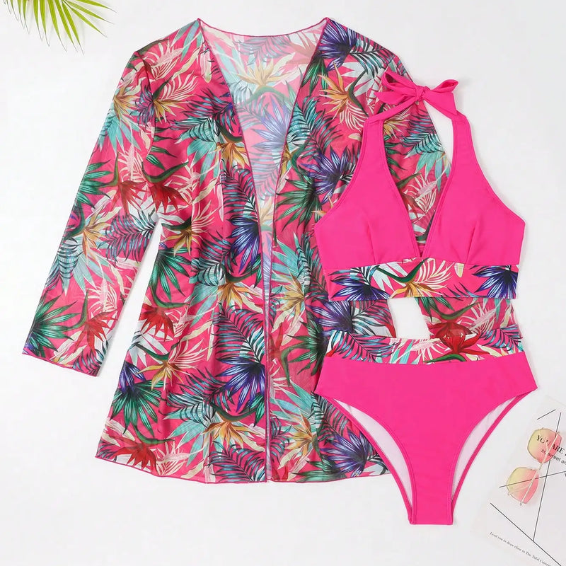 Halter Print Bikini Sets Women Swimsuit With Kimono | SAMAG
