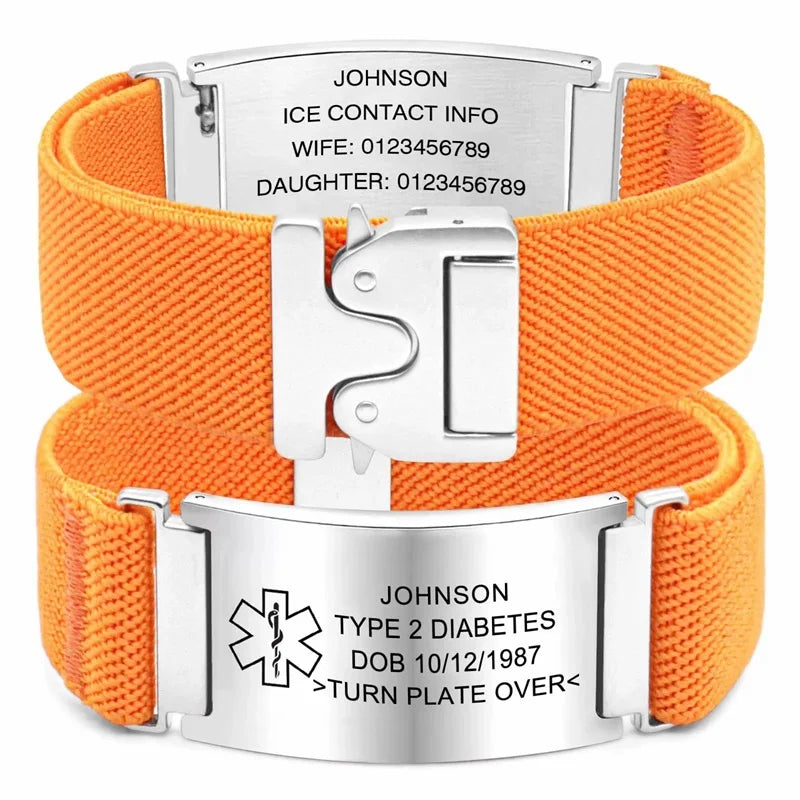 Personalized Medical Alert Bracelet for Men Customized Elastic Strap Stainless Steel ID Engraved Medic - Visuel 16 | SAMAG