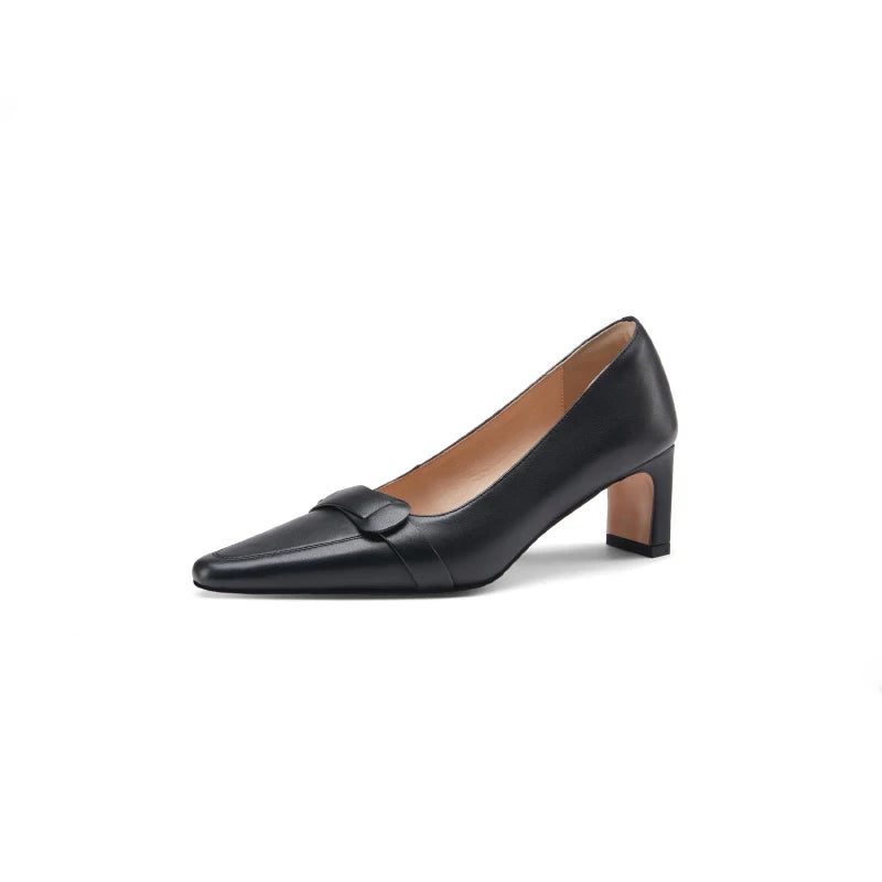 Arden Furtado Women's Spring Sheepskin Pointed Toe Pull-On Chunky Heels Pumps Large Size Comfortable Commute Footwear
