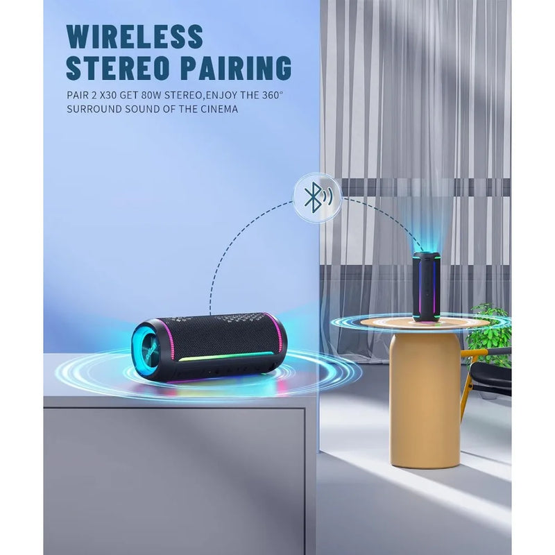 Portable Bluetooth Speaker 3rd Gen - 40W Bass, Waterproof, 30-Hour Playtime, LED Lights, Wireless Stereo Pairing
