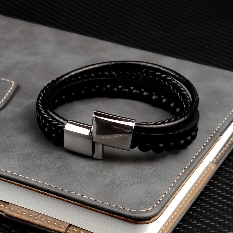 MingAo Charm Men Jewelry Natural Stone Multi-Layer Leather bracelet Black Stainless Steel Magnetic Clasp Tiger eye Bead Bracelet