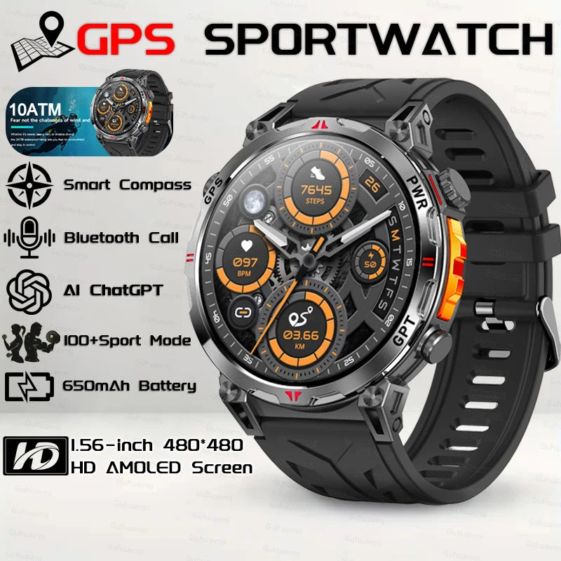 2026 New Outdoor GPS Sports Smartwatches Men Compass 10ATM Waterproof 24/7 Health Monitoring Chat GPT Bluetooth Call Smart Watch