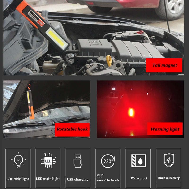 1-10PCS Powerful LED Work Light with Magnet Lighting Flashlight Car Garage Mechanic Lamp USB Charging COB Emergency Warning Ligh