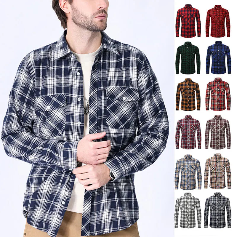 American size men's long-sleeved shirt autumn and winter flannel coat plaid casual non-ironing large size with pockets