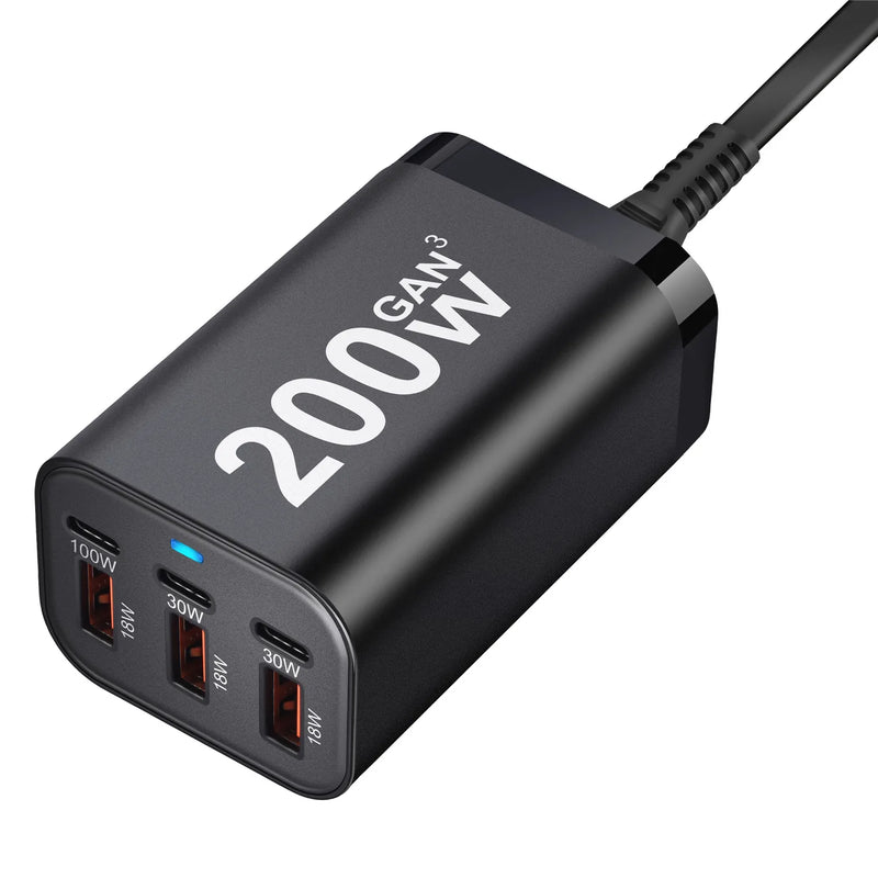 USB C Fast 200W 6-Port Charging  Fast  GaN Charger Power Adapter For iPhone 14/13/12 Series, Samsung Galaxy S23/S22/S21