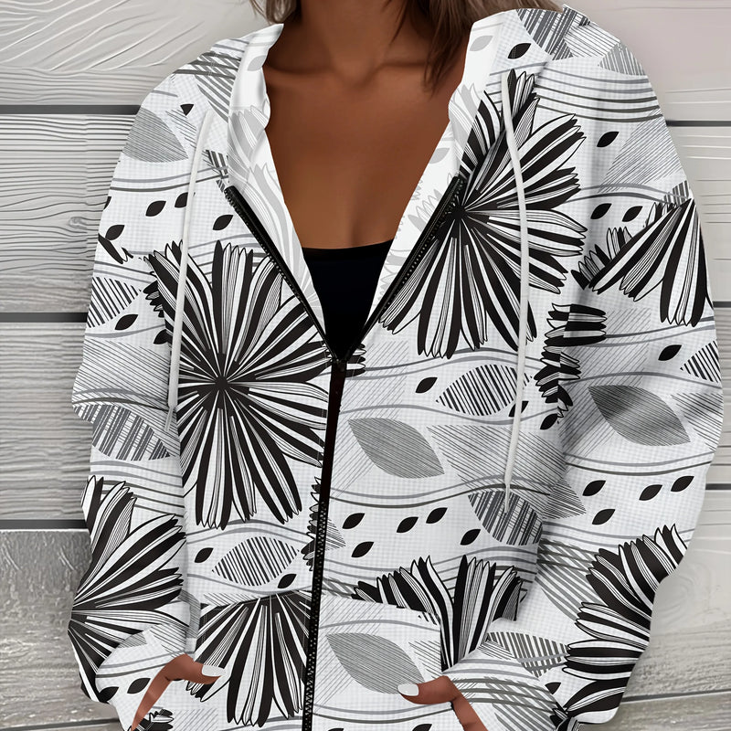 Casual Hooded Jacket for Spring Autumn Abstract Geometric Black and White Pattern Long Sleeve Pullover Sweatshirt Streetwear