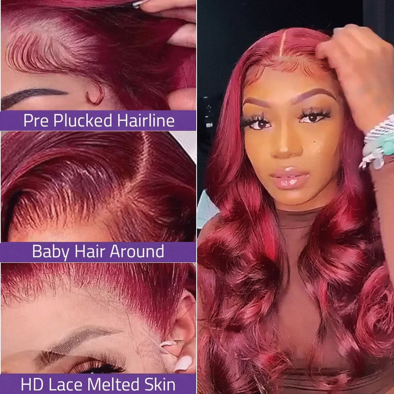 Body Wave Burgundy 13x6 HD Lace Front Wig Human Hair Wigs 99J Red Colored Lace Front Human Hair 13x4 Lace Frontal Wigs for Women