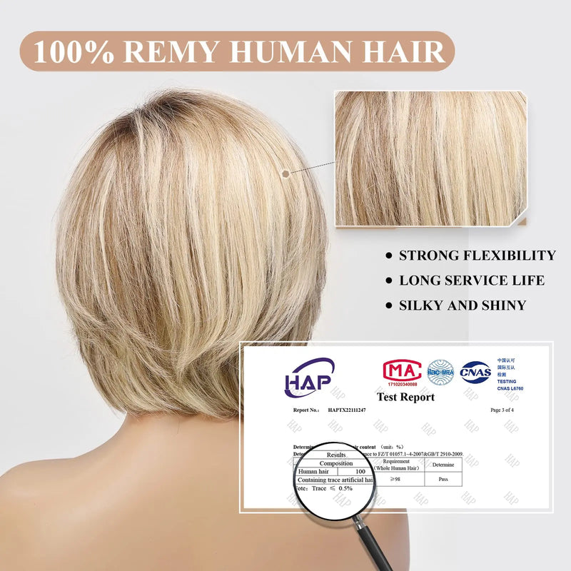 Short Straight Blonde Brown Lace Front Human Hair Wigs with Bangs for Women 100% Remy Human Hairs Bob Natural Wavy Layered Wigs