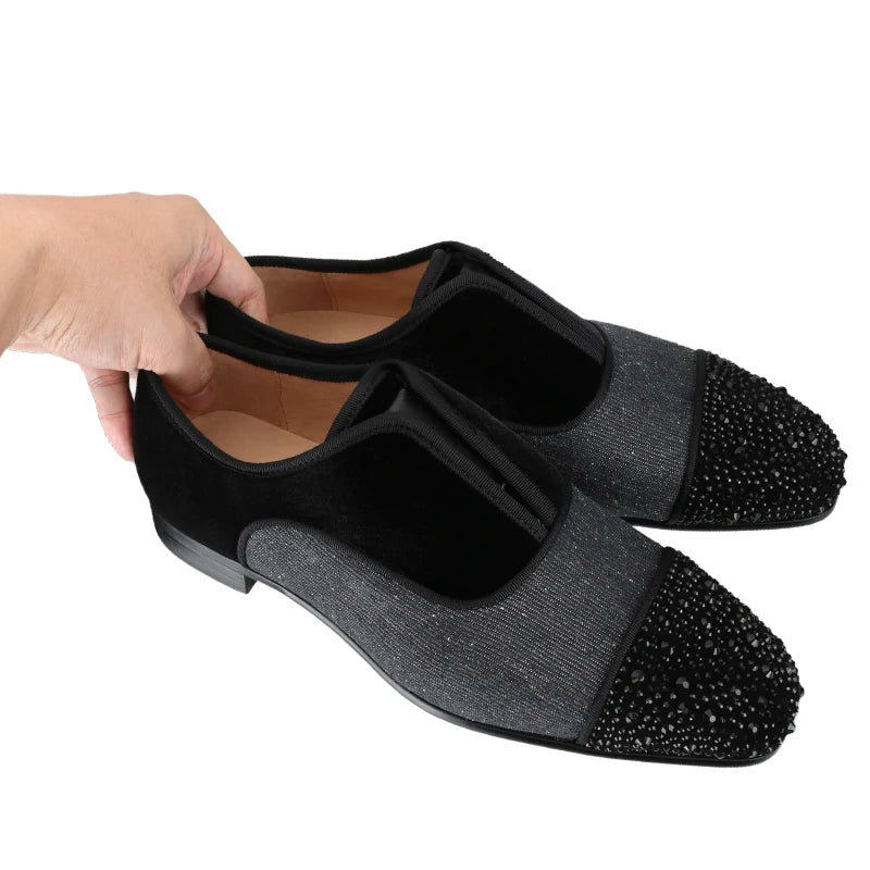 Piergitar Toe Cap Crystals Feature Luxurious Patchwork Velvet Oxfords Shoe Handmade Men Dress Shoes CL Same Red Sole Alpha Flats