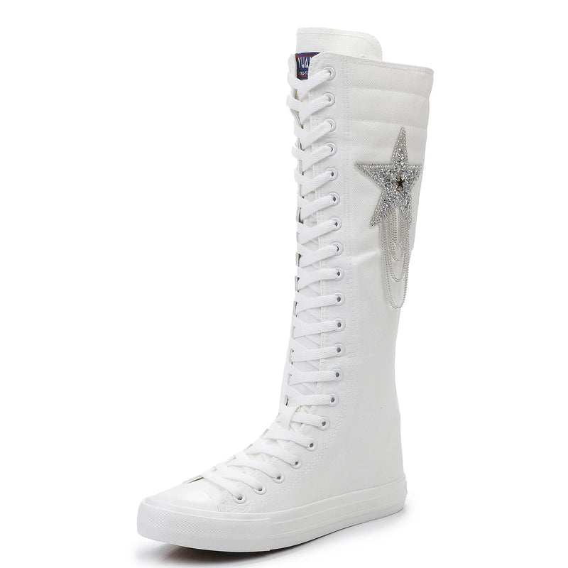 Boots Women Sneakers Canvas Casual High Top Shoes Long Boot Lace-Up Zipper Comfortable Flat Boot Sneakers Tenis Feminino