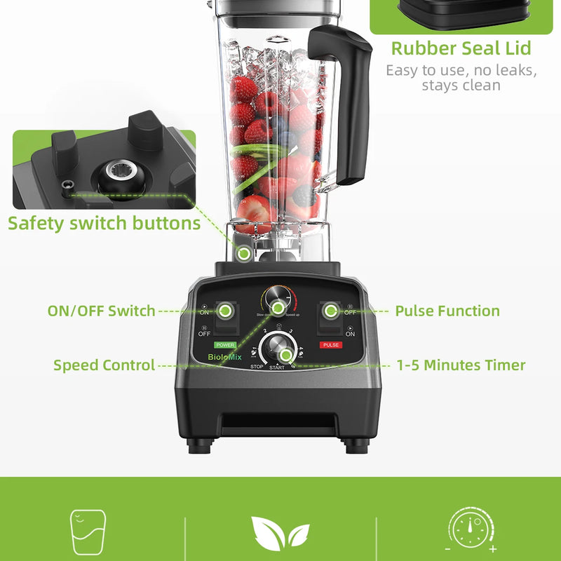 BioloMix 3HP 2200W Heavy Duty Grade Timer Blender Mixer Juicer Fruit Food Processor Ice Smoothies BPA Free 2L Jar