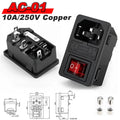 IEC 320 C13 C14 AC Inlet Power Plug Socket 250V 10A Fuse Red Lamp Rocker Switch Rewirable 3Pin Electrical Male Female Connector