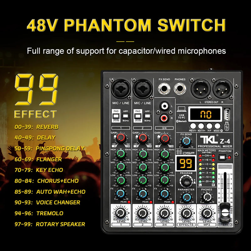 TKL 4 Channel 99 DSP Audio Mixer 48V Phantom Power USB Studio Sound Mixers Bluetooth DJ Console Mixing for Karaok