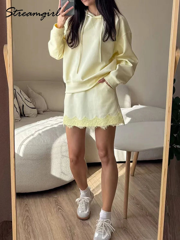 Brown Sweatshirts And Skirt Sets Ladies Elegant Officewear Skirt Suit With Lace 2 Pieces Hoodie Set With Skirt Women Autumn