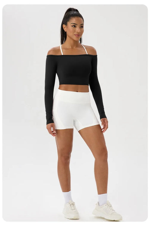 Long Sleeve Yoga T-Shirt for Women, Off Shoulder, Sexy Tight Gym Workout Top, Naked Feeling, Quick Dry Sports Activewear