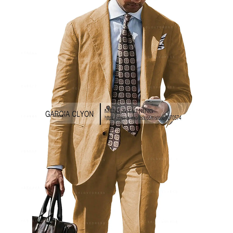 2025 New Casual Men's Suit Jacket Summer Spring Blazer Two Bottom Breathable Cotton Linen Coat 2 Pieces( Jacket+Pants )