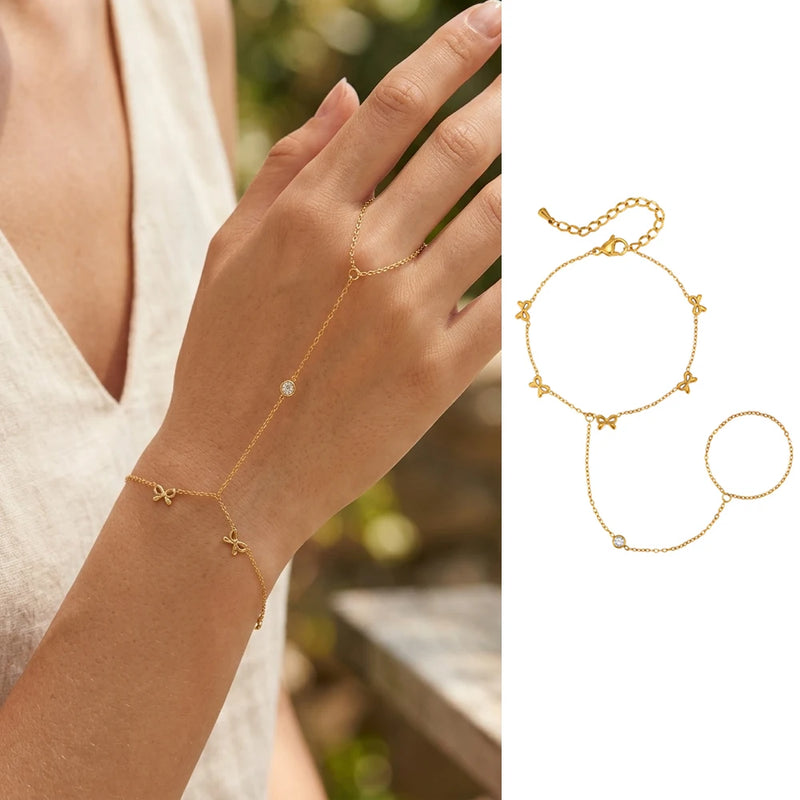 Bohemian Bead Slave Bracelet, 18K Gold Plated Stainless Steel, Waterproof Hand Chain Finger Ring Bracelet Jewelry for Women
