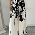 Women Black Ink Floral Print Wide Leg Pants Elastic High Waist Silky Satin Palazzo Trousers Summer Vacation Casual Loose Long Pants Beach Bottoms Vestidos
