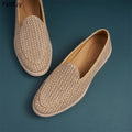 Handwoven Flax Straw Caual Shoes Men's Summer Breathable Linen Chinese Style Casual Wheat Color Genuine Leather Loafers Slip-On