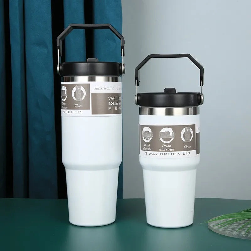 600/890ML Thermos Mug With Straw Stainless Steel Car Insulated Flask Water Tumbler for Outdoor Keeps Cold and Heat Thermal Mug