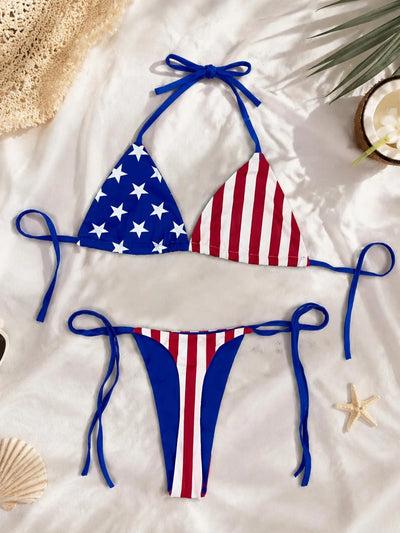Vintage American Flag Print Bikini Set Halter String | SAMAG